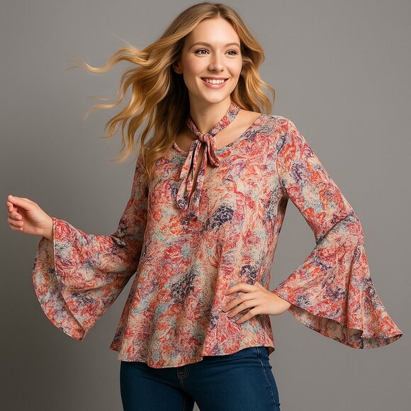 Cato Large Paisley Bell Sleeve Tie Neck Boho Blouse Multicolor Top Peasant Prep - Picture 1 of 8